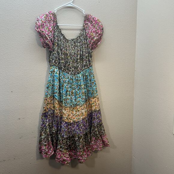 VTG 90s Y2K Jackpot Cottagecore Dress Tiered Midi Boho Puffed Sleeves Womens L - Picture 5 of 7